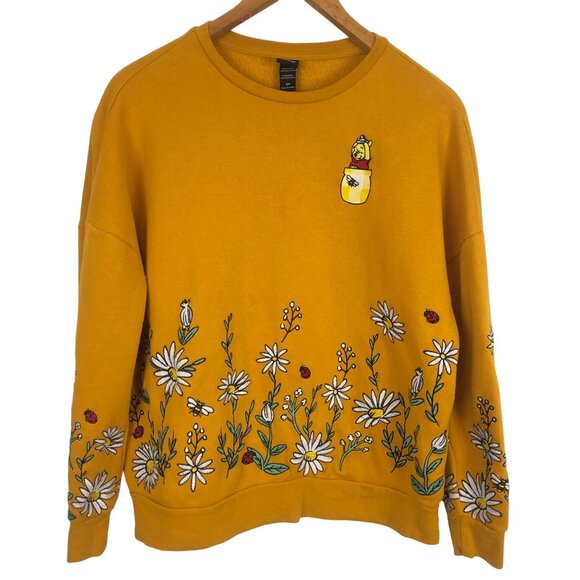 Disney Tops - Disney Winnie The Pooh Floral Embroidered Sweatshirt Sz Small Yellow Daisies Bee